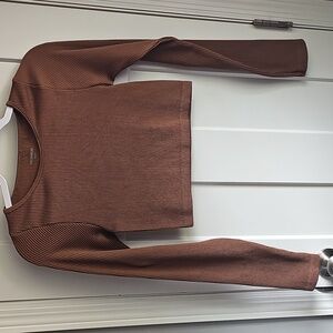 Freshwear Womens Brown Ribbed Long Sleeve Top. Stretchy, Xs-S!